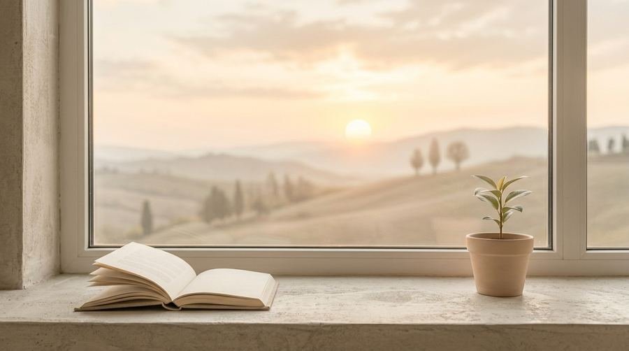 Libro abierto, cuaderno y una planta sobre un alféizar, con un amanecer cálido de fondo