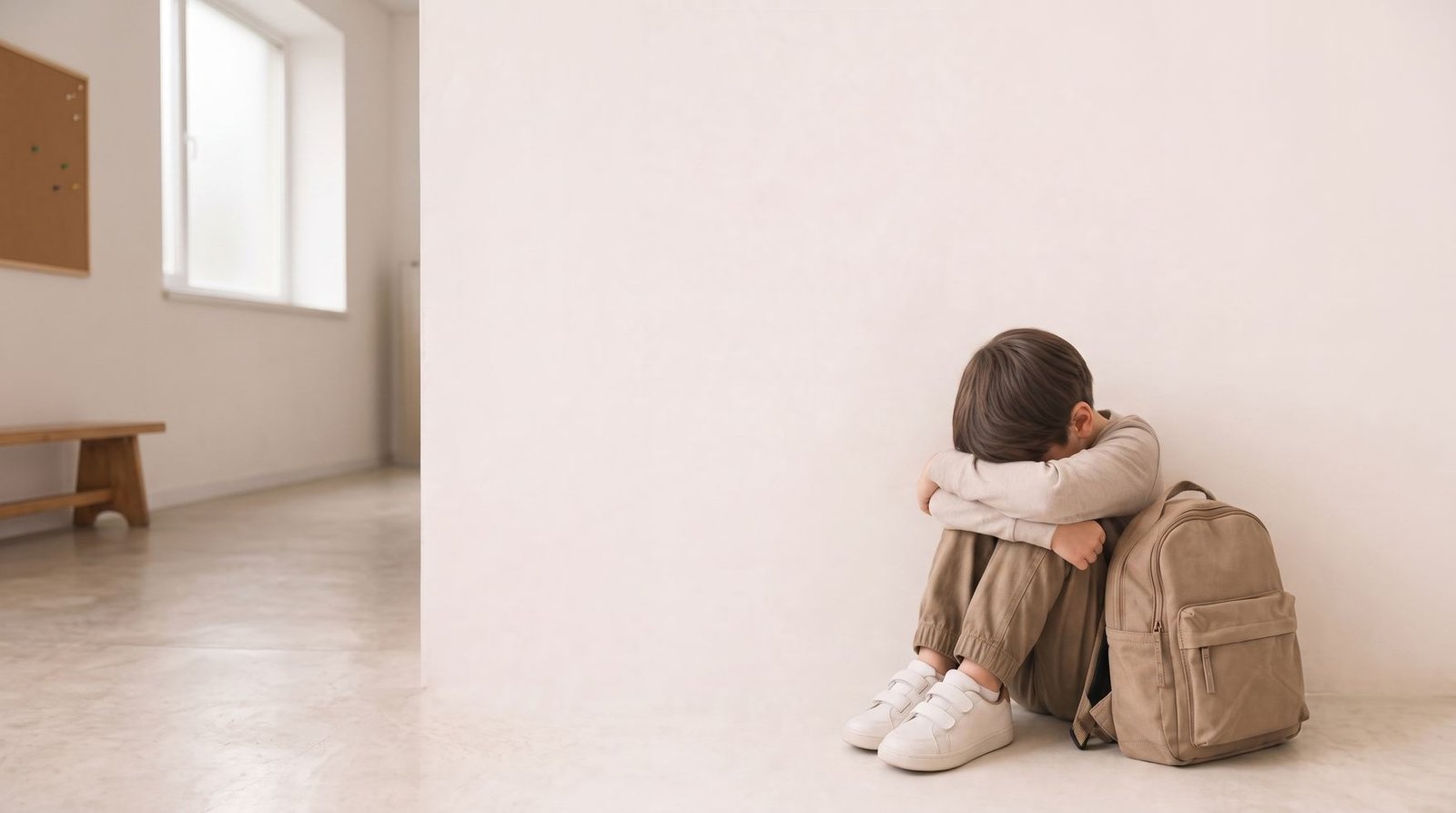 Niño sentado abrazando sus rodillas, ocultando la cara, con la mochila del colegio al lado